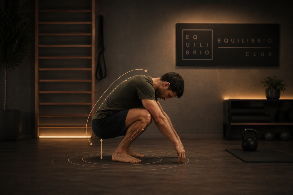 Hombre realizando una sentadilla respetuosa descalzo en un estudio de entrenamiento funcional con estética cinematográfica y líneas de acción corporales.