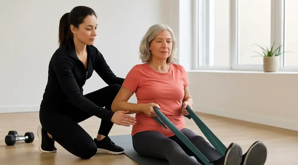 Entrenadora ayudando a mujer en ejercicio de fuerza – Equilibrio Club