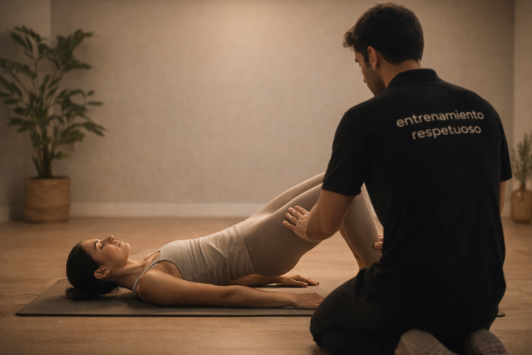 entrenamiento respetuoso con activación de glúteo guiada por entrenador