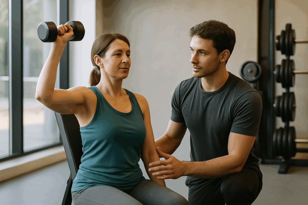 Entrenador personal guiando a una mujer durante un ejercicio sin impacto en un entorno clínico, siguiendo un enfoque de entrenamiento respetuoso en Alicante.