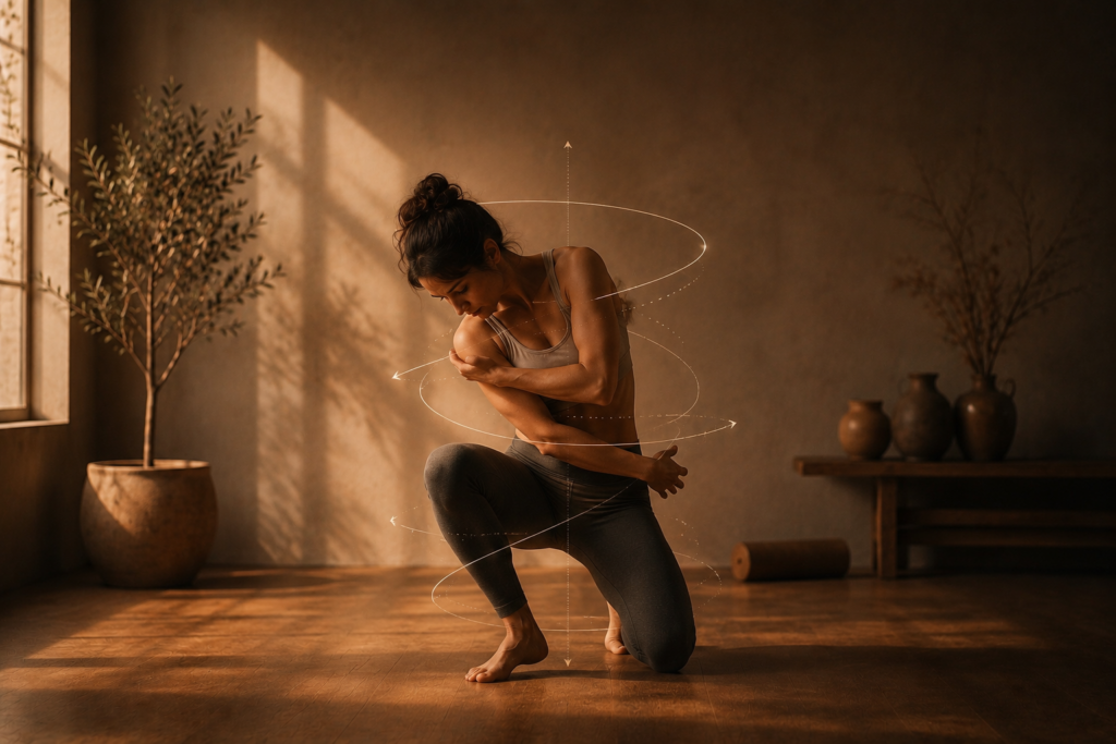 Mujer descalza en estudio estilo Equilibrio Club representando la caída tridimensional de la columna mediante líneas de movimiento y torsión corporal.