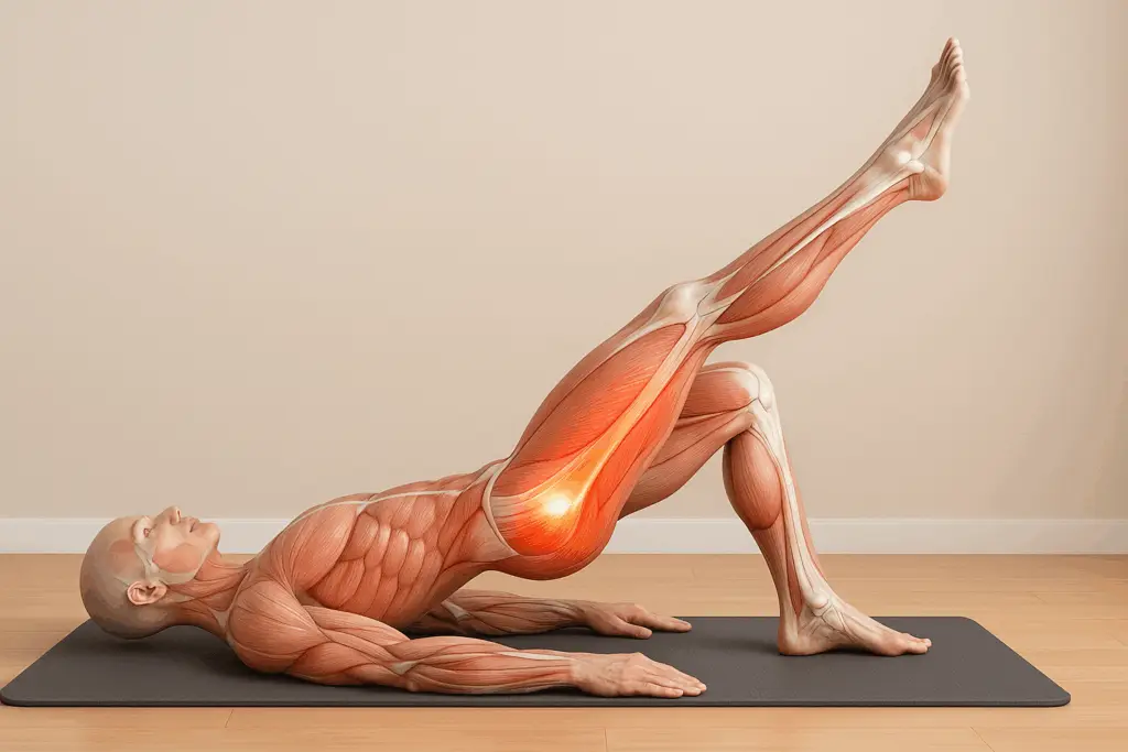 Ilustración anatómica de un ejercicio en el suelo mostrando el músculo activado en color rojo