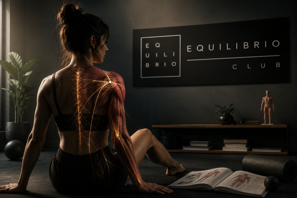 Mujer realizando un ejercicio de conexión muscular en Equilibrio Club para mejorar la compensación muscular mediante la activación consciente del huso neuromuscular.