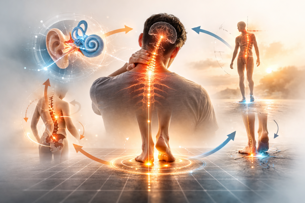 Relación entre vértigos, dolor cervical y sistema vestibular en Alicante, con conexión entre cuello, oído interno y apoyo de los pies.