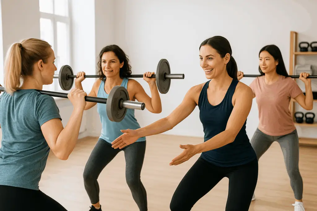 Entrenadora guiando a varias mujeres durante una sesión grupal de entrenamiento consciente en Equilibrio Club, Alicante.