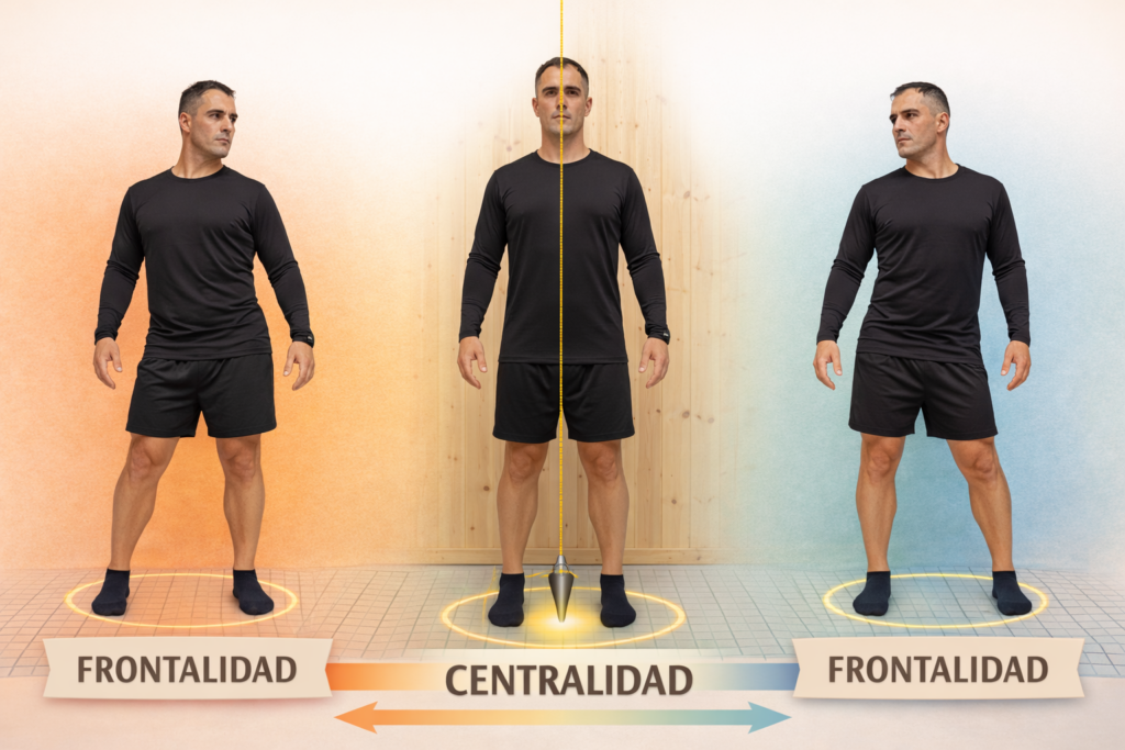Esquema de centralidad y frontalidad corporal en la ciática, mostrando cómo la pérdida de centralidad genera adaptaciones posturales y dolor, Método Equilibrio Alicante