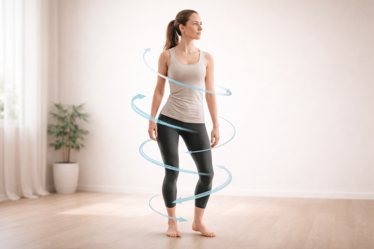 Caída del cuerpo en tres dimensiones con torsión progresiva desde el tronco hasta los pies en un proceso de reeducación postural en Alicante