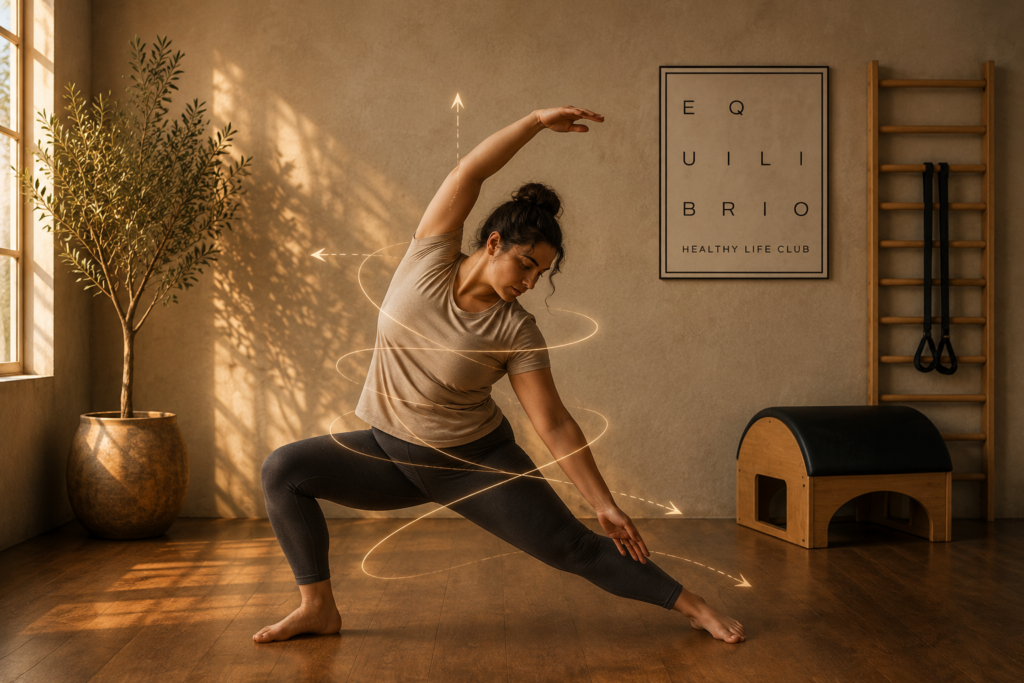 Mujer realizando movimiento en tres dimensiones en un estudio de entrenamiento respetuoso de Equilibrio Club