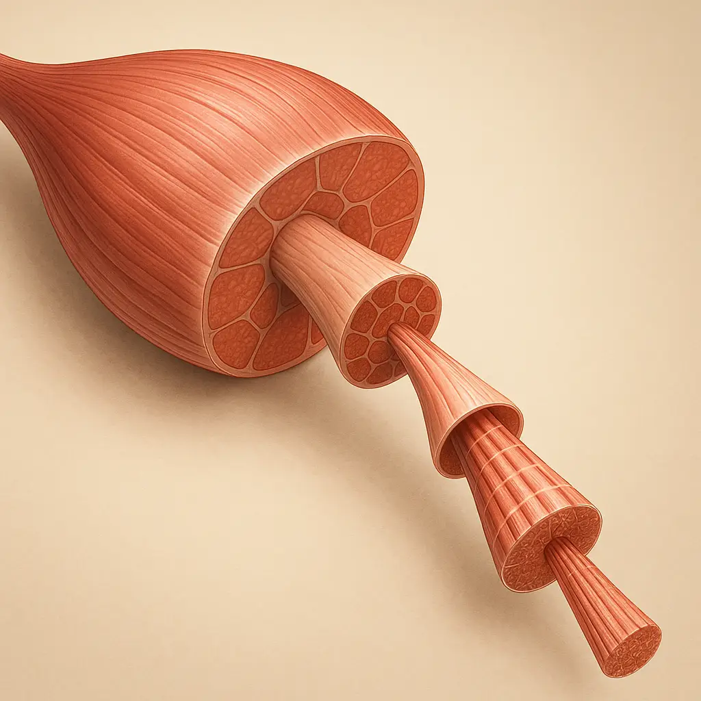 Ilustración realista del músculo mostrando vientre muscular, fascículos, fibras musculares y miofibrillas en detalle anatómico