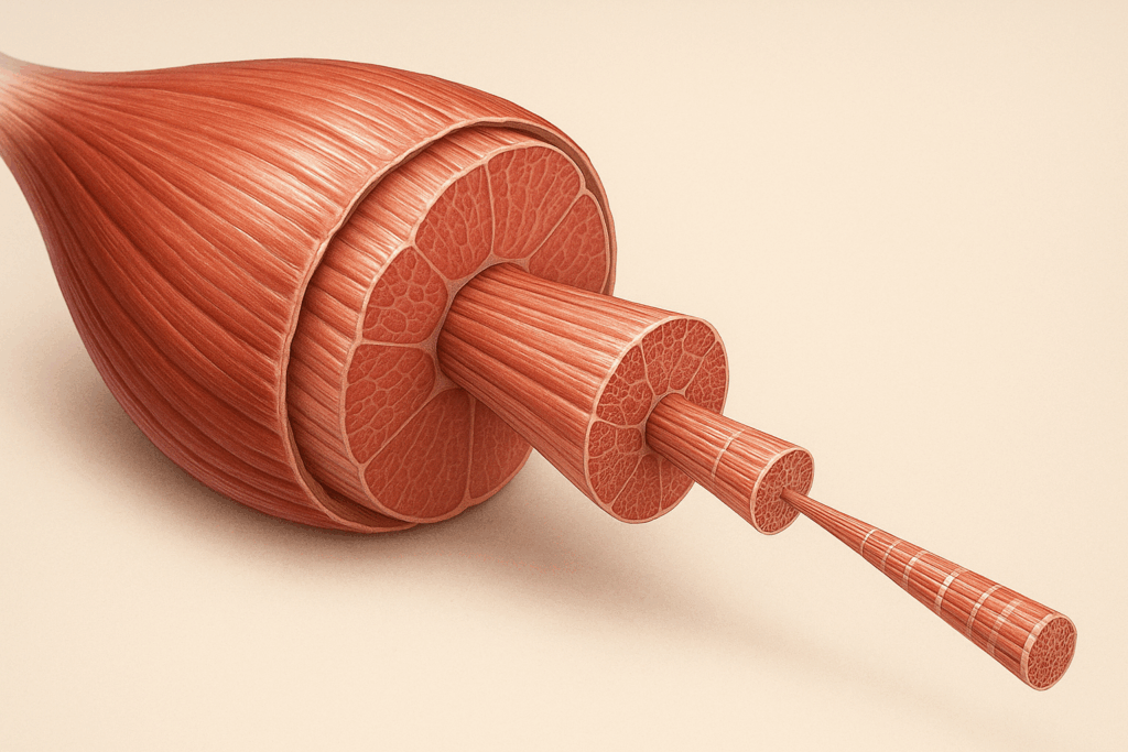 Ilustración anatómica realista del músculo humano mostrando el vientre muscular y un desglose interno con fascículos, fibras musculares y miofibrillas en vista ampliada