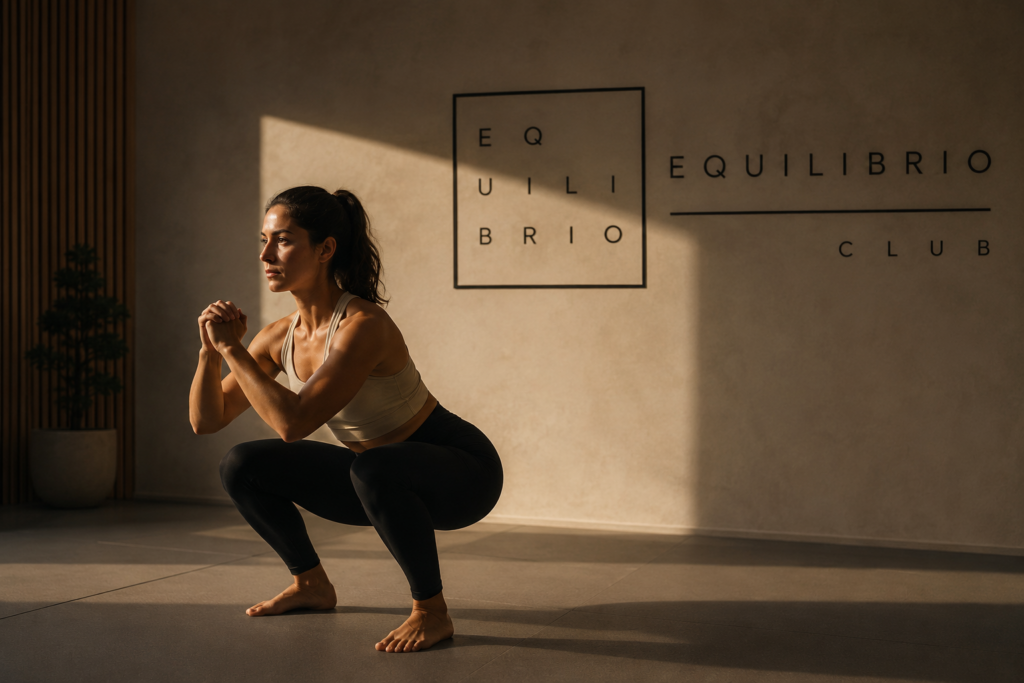 Persona realizando una sentadilla con una organización muscular eficiente para reducir compensaciones musculares y mejorar la técnica del ejercicio.