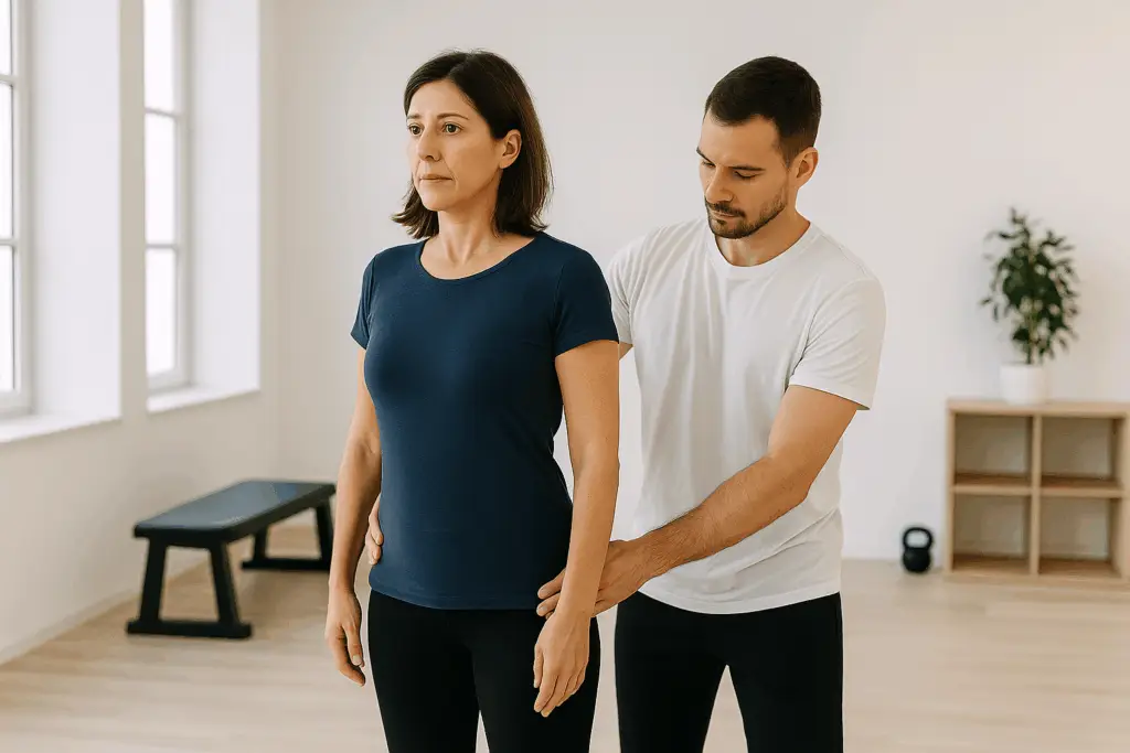 Entrenador personal ajustando la postura de una mujer durante una sesión de readaptación postural en un estudio luminoso en Alicante.