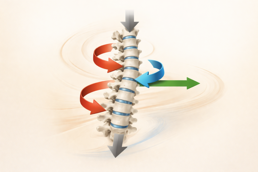 Ilustración de la caída en tres dimensiones de la columna vertebral con fuerzas de torsión, compresión e inclinación lateral