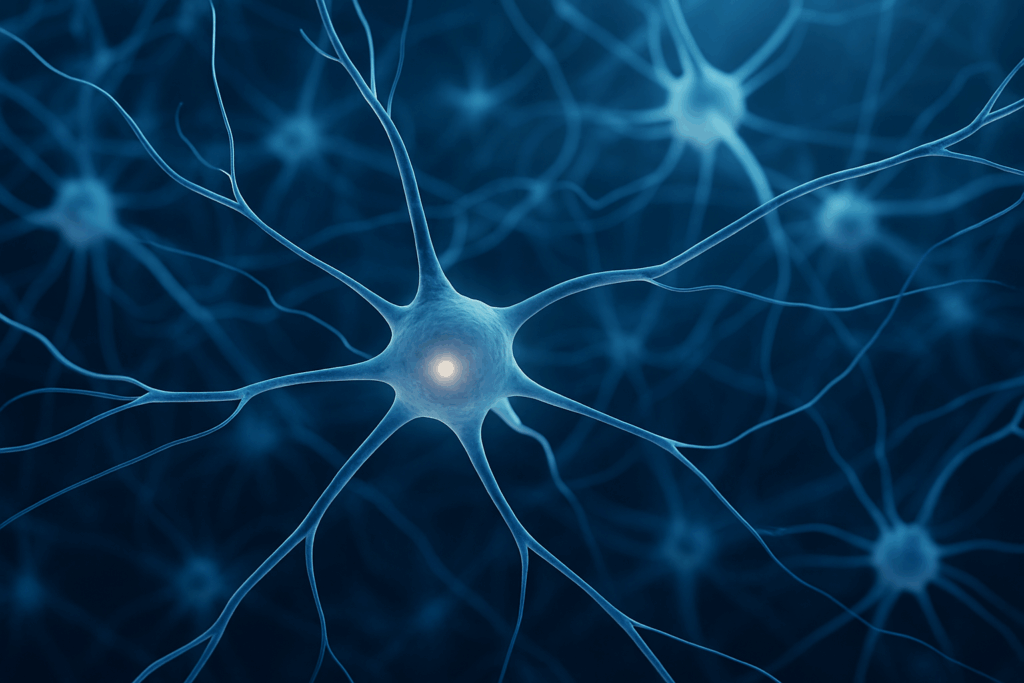 Representación realista de conexiones neuronales activas para ilustrar el movimiento sensacional y la conexión cuerpo–cerebro.