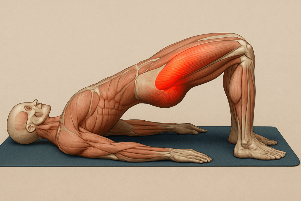 Ilustración anatómica en 3D mostrando el glúteo medio activado durante un ejercicio lateral en el suelo