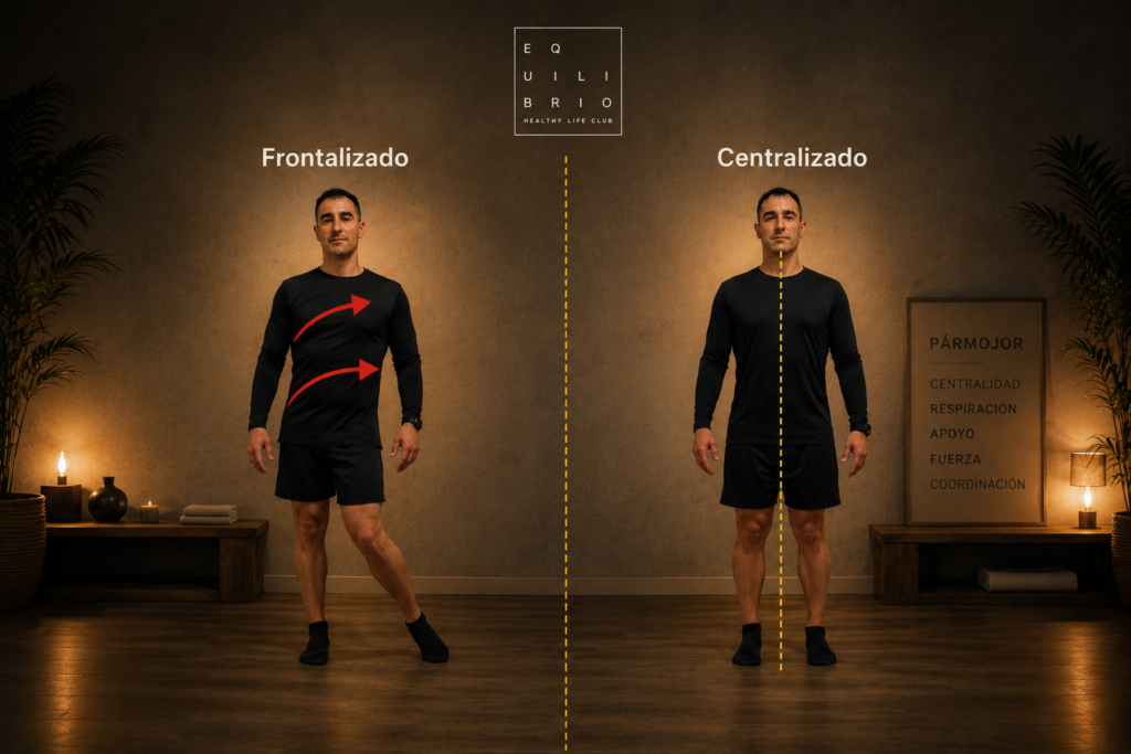 Comparación visual entre un cuerpo frontalizado y un cuerpo centralizado mostrando diferencias de organización corporal relacionadas con la ciática y la postura.