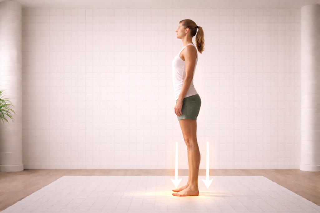 Mujer de perfil en estudio de análisis postural impulsando los pies contra el suelo para mejorar la verticalidad y el dolor lumbar en Alicante.