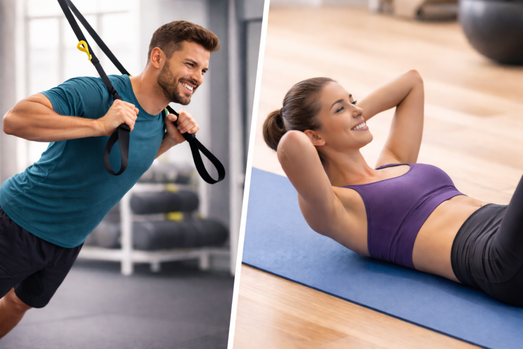 Entrenamiento sin dolor de cuello en Alicante realizando TRX y abdominales desde una postura organizada y centralidad corporal.