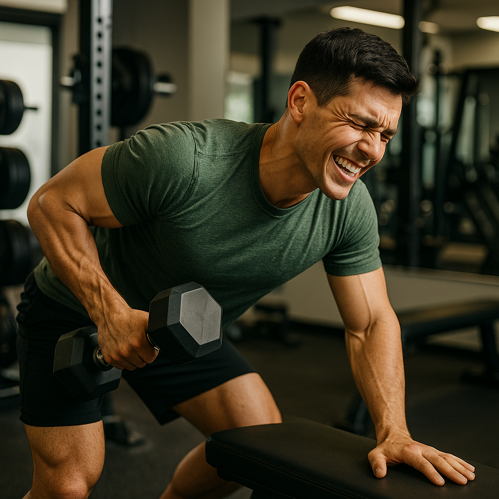 Persona realizando un curl de bíceps con técnica forzada, mostrando tensión corporal y desalineación durante el ejercicio.