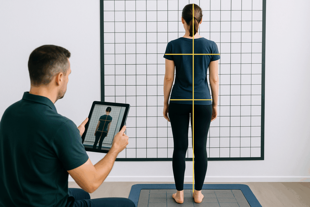 Readaptador postural realizando una evaluación postural con cuadrícula de fondo y líneas de alineación corporal en un entorno clínico.