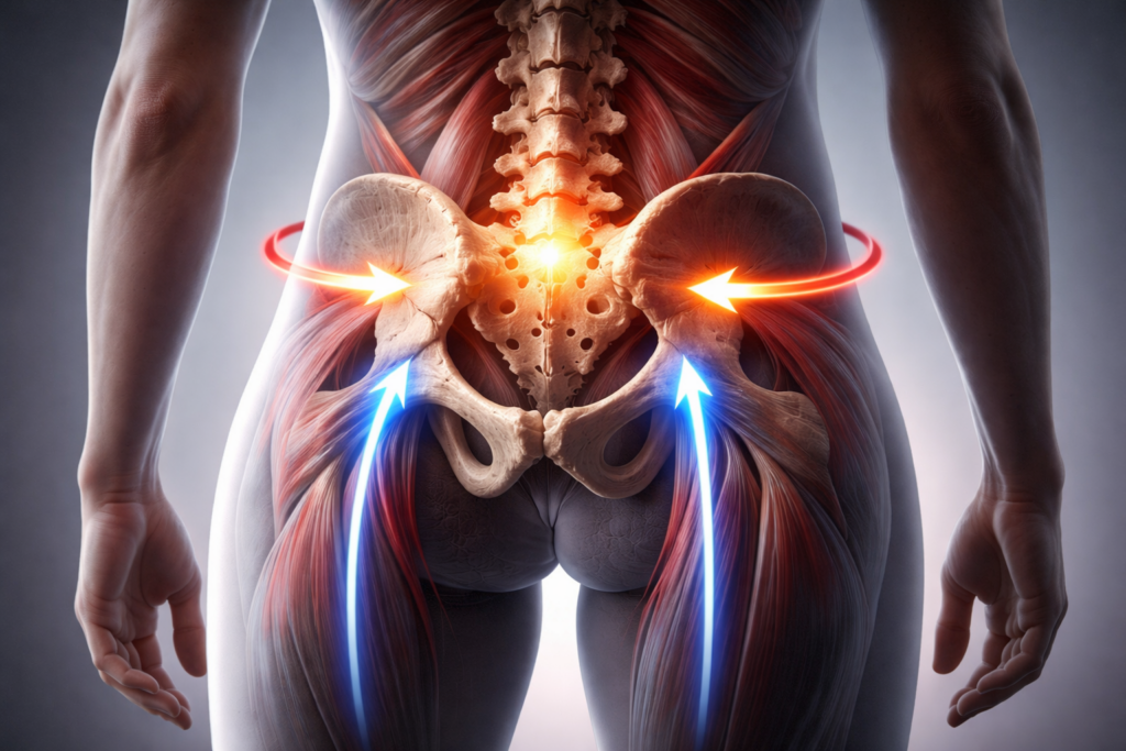 Ilustración de pelvis y sacro mostrando cómo la organización postural puede influir en la ciática en Alicante