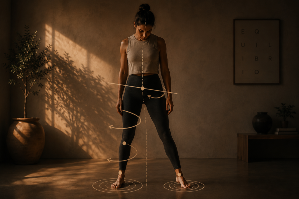 Mujer en un estudio con iluminación cinematográfica mostrando una asimetría funcional corporal relacionada con rotación pélvica, apoyo desigual de los pies y organización postural.
