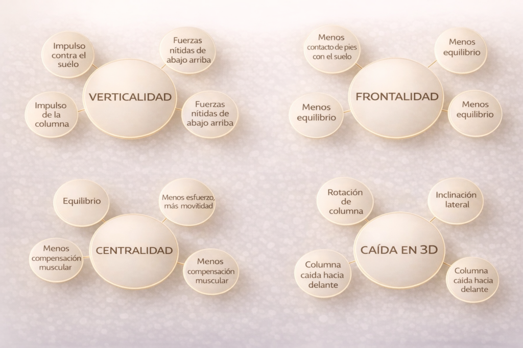 Infograma conceptual sobre frontalidad, centralidad, verticalidad y caída en 3D aplicado al dolor lumbar