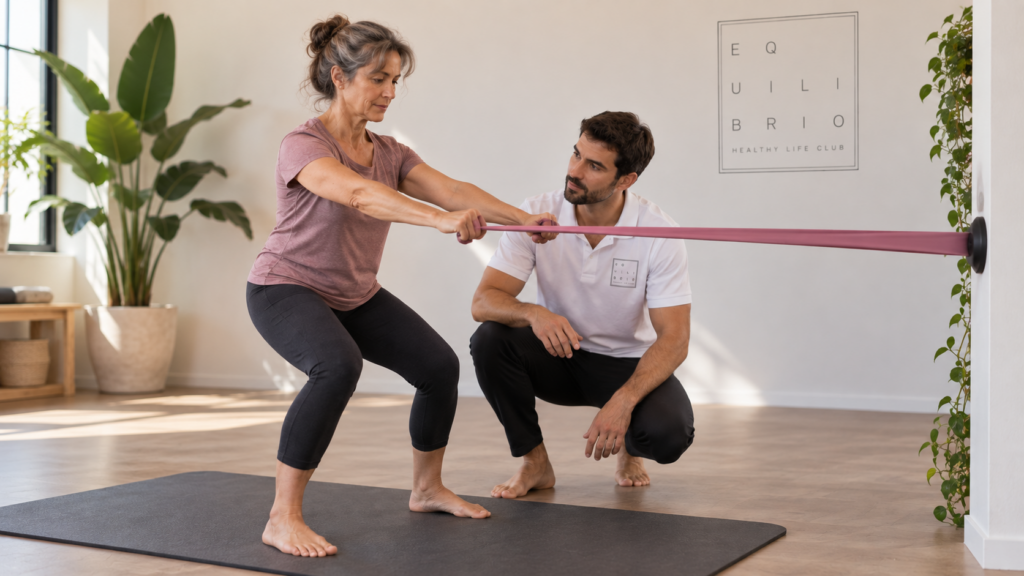 Mujer realizando un ejercicio con banda elástica acompañada por un entrenador en Equilibrio Club Alicante