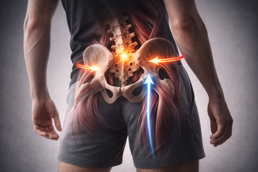 Ilustración anatómica de pelvis y sacro mostrando cómo la frontalidad corporal puede influir en la ciática en Alicante