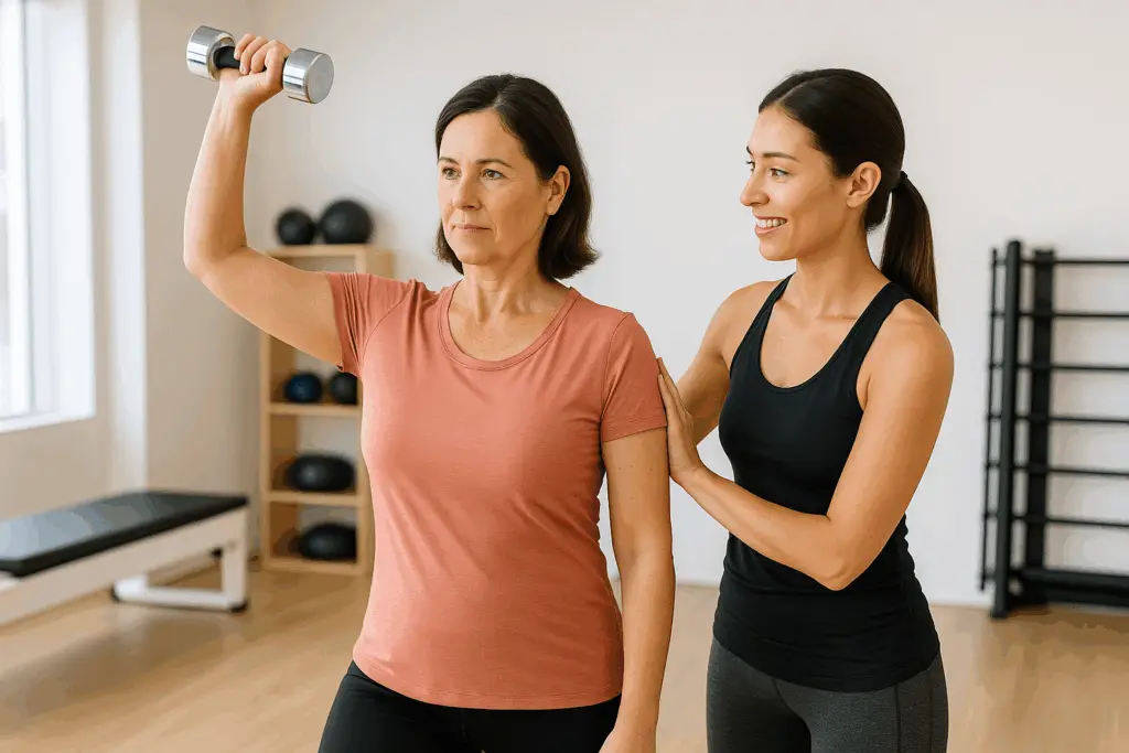 Entrenadora personal guiando a una mujer durante un ejercicio de fuerza controlada en Equilibrio Club, Alicante.