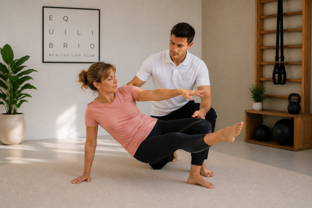Mujer realizando un ejercicio de recuperación funcional acompañada por un entrenador de Equilibrio Club en Alicante.