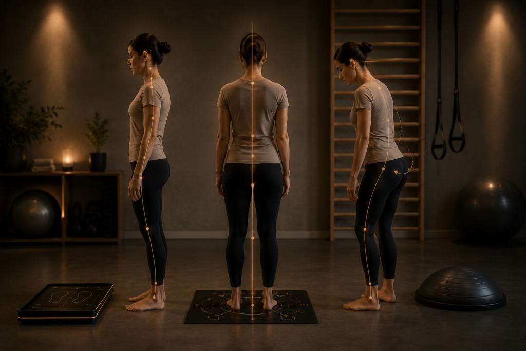 Representación de la caída tridimensional del cuerpo y la reorganización postural en un estudio de entrenamiento respetuoso con líneas de análisis corporal y material funcional.