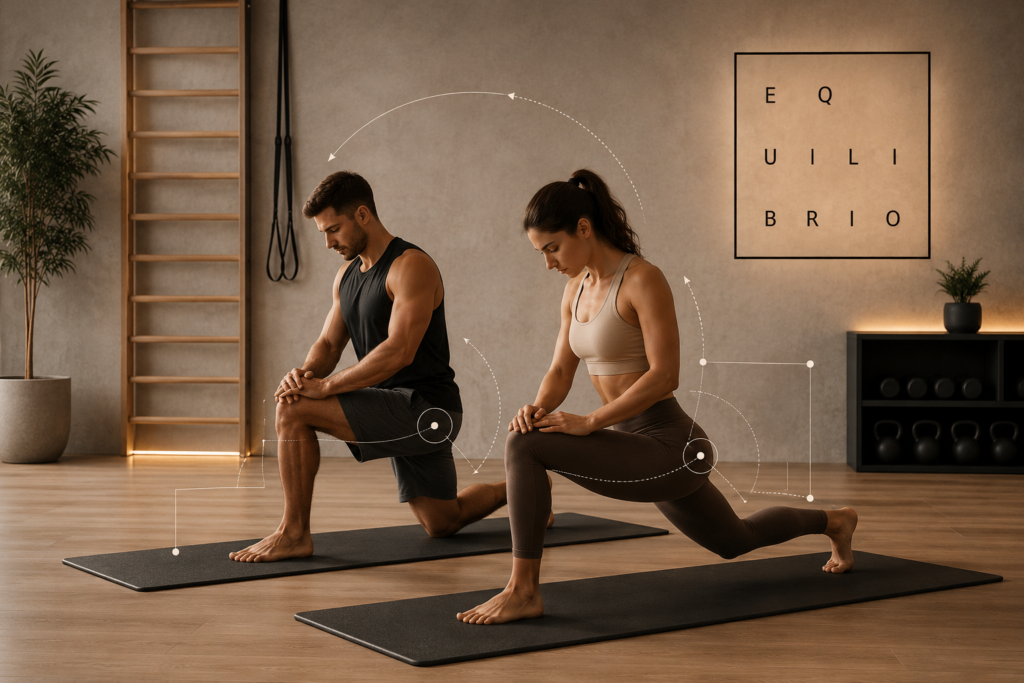 Entrenamiento respetuoso en estudio Equilibrio Club con dos personas realizando zancadas descalzas y líneas de acción que representan organización del movimiento y reducción de fricción.