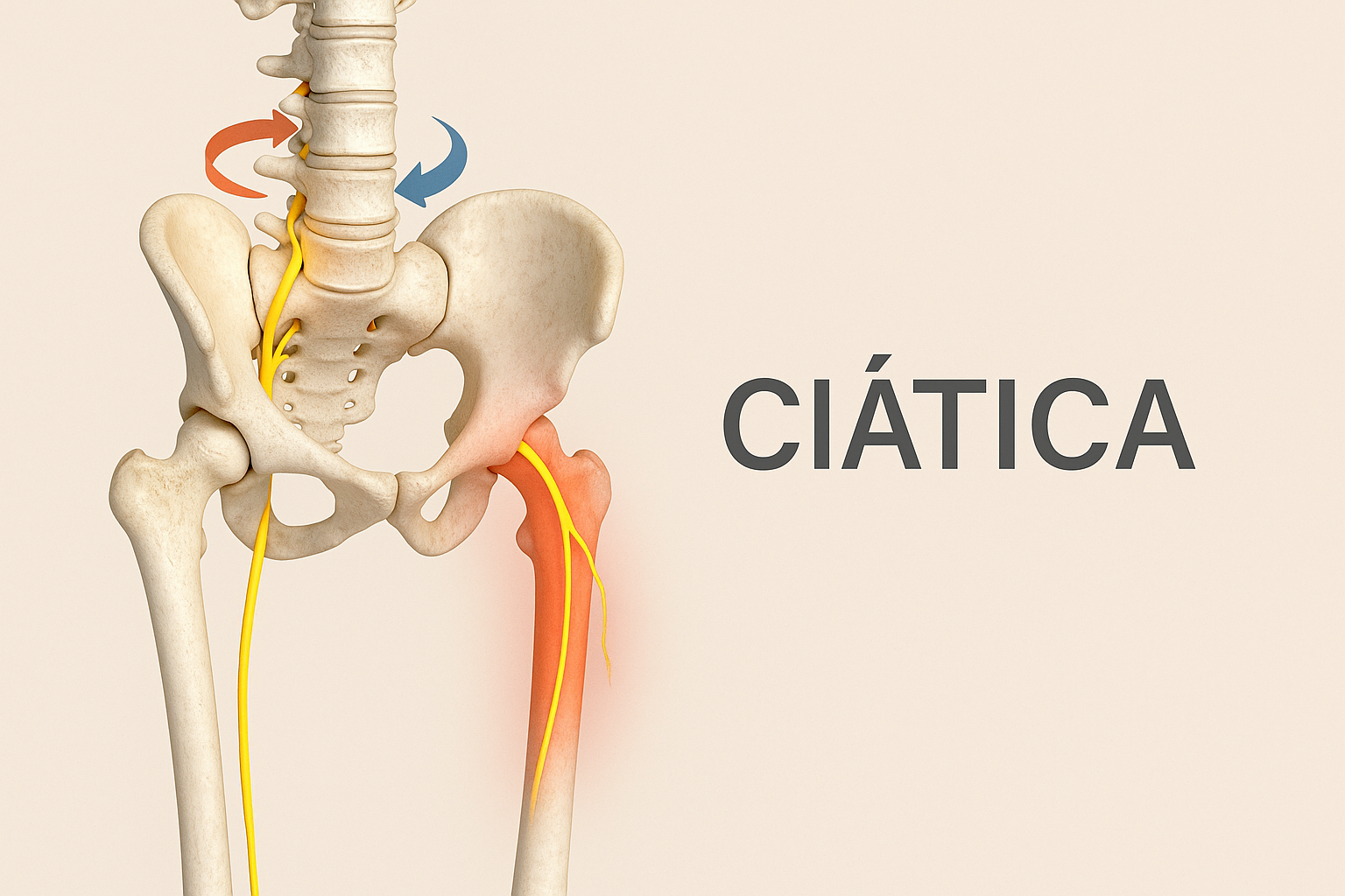 Ilustración médica en 3D de la pelvis, sacro y columna lumbar mostrando la rotación pélvica y el recorrido del nervio ciático con irradiación hacia la pierna.