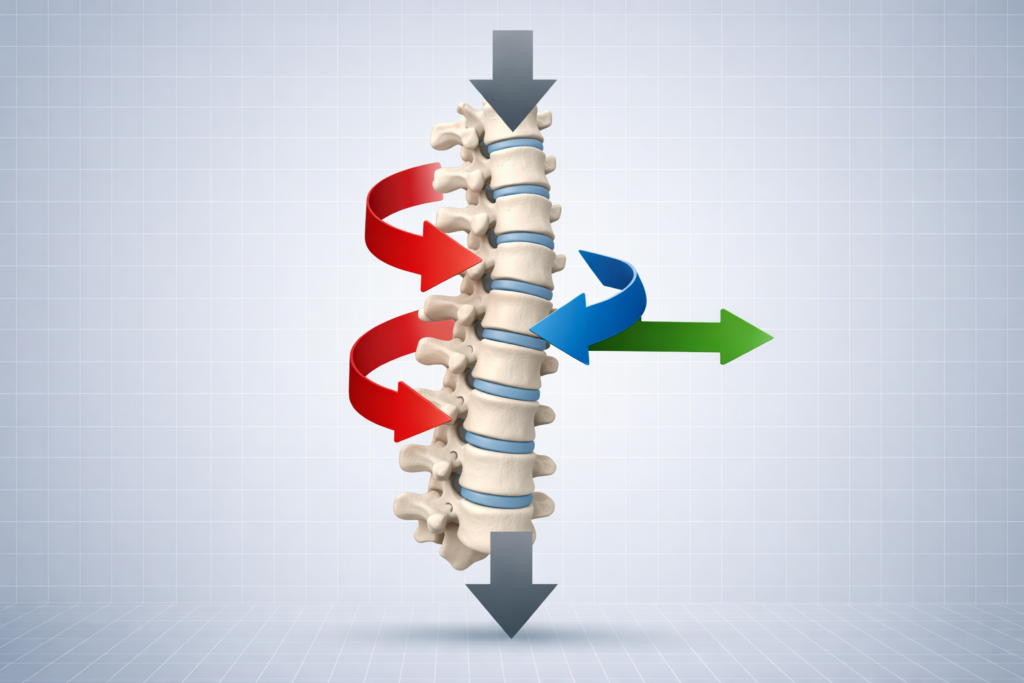 Columna vertebral sometida a torsión, compresión e inclinación lateral en una caída tridimensional sobre fondo de cuadrícula