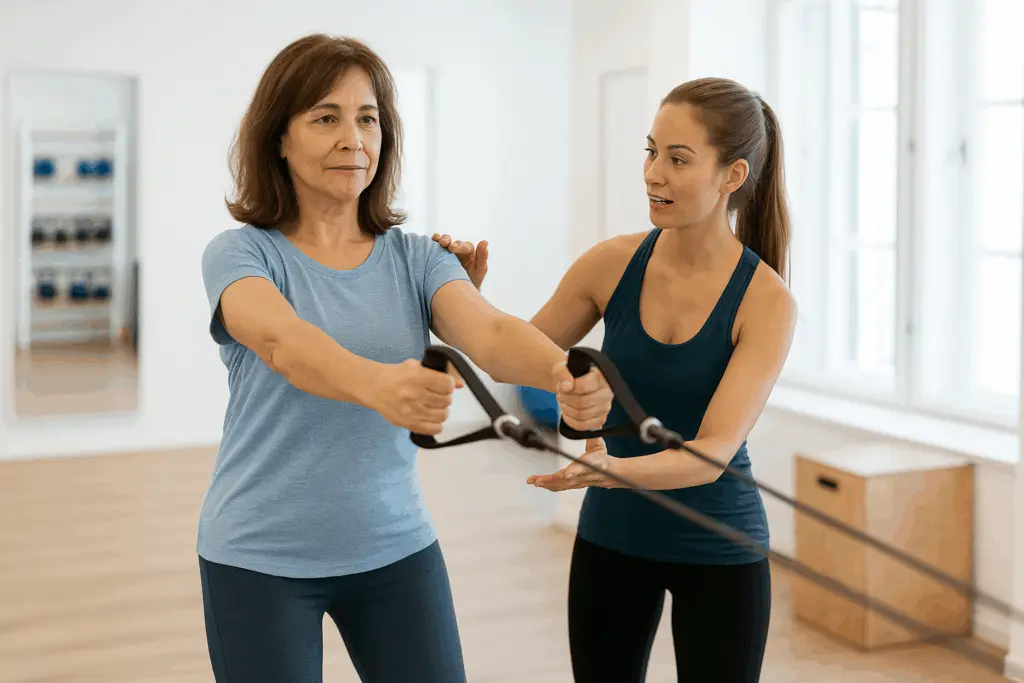 Entrenadora personal guiando a una mujer durante un ejercicio de control postural y fuerza suave con gomas elásticas en Equilibrio Club, Alicante.
