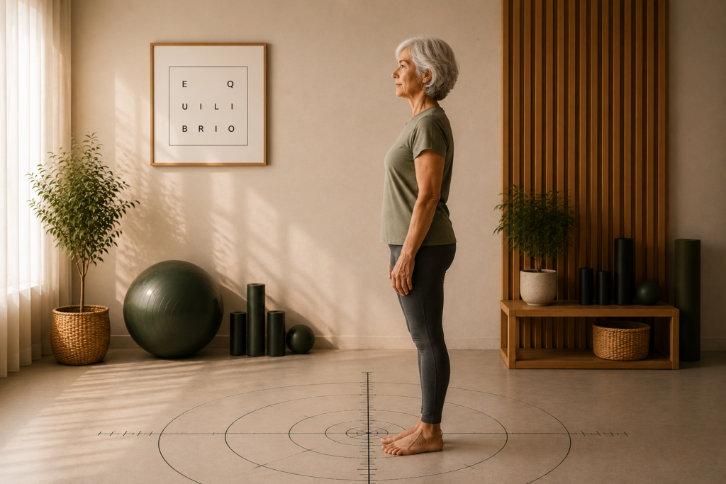 Mujer mayor de pie sobre un tapiz de orientación postural en un estudio de entrenamiento respetuoso, observando su alineación corporal y su relación con la gravedad.