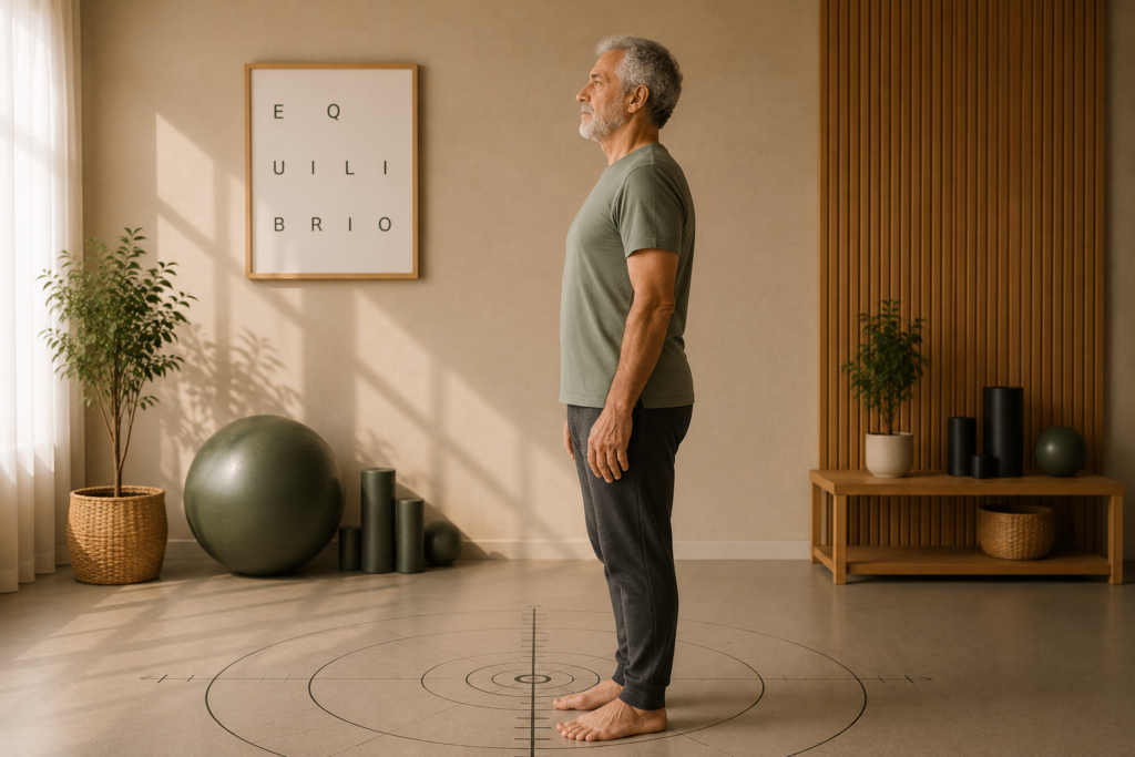 Hombre mayor de pie sobre un tapiz de orientación postural en un estudio de entrenamiento respetuoso trabajando la verticalidad y el equilibrio corporal.