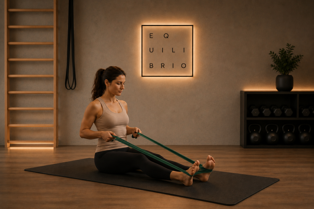 Mujer realizando ejercicio con banda elástica en un espacio de entrenamiento respetuoso de Equilibrio Club.