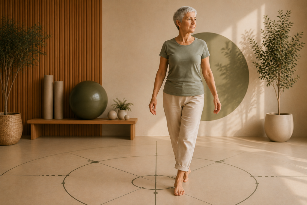 Mujer mayor caminando descalza sobre una guía circular de orientación en un estudio de entrenamiento respetuoso, representando el equilibrio, la autonomía y el movimiento consciente en personas mayores.