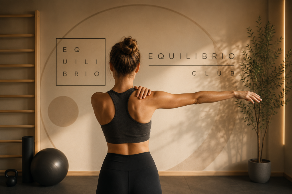 Mujer realizando un ejercicio de hombro en un estudio de entrenamiento mientras mejora su organización corporal y reduce las compensaciones musculares.