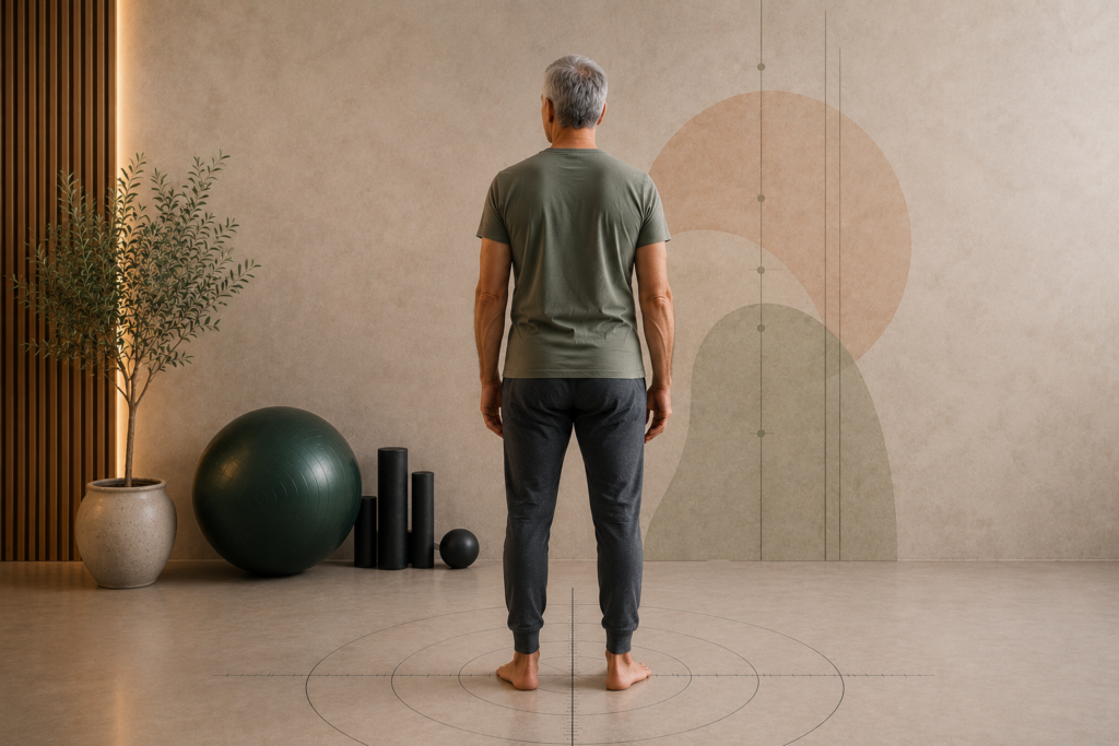 Hombre mayor descalzo de pie sobre un tapiz de orientación postural en un estudio de entrenamiento respetuoso, observando su alineación corporal frente a una pared con elementos visuales que representan equilibrio y organización corporal.
