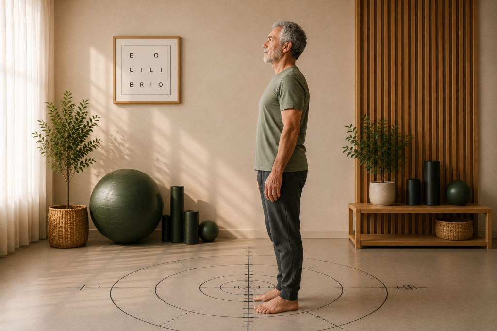 Hombre mayor trabajando la verticalidad y el equilibrio sobre un tapiz de orientación postural en un estudio de entrenamiento respetuoso de Equilibrio Club.