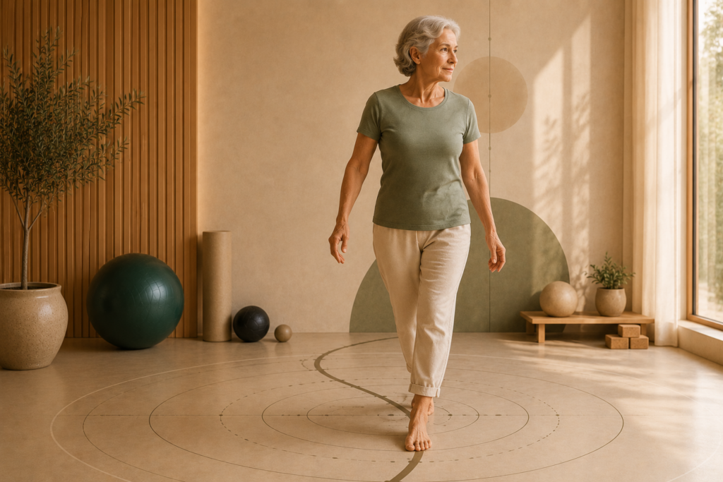Mujer mayor caminando descalza sobre un recorrido circular de orientación en un estudio de entrenamiento respetuoso, explorando el movimiento con confianza y estabilidad.