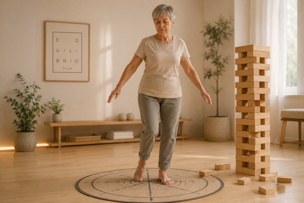 Persona mayor descalza realizando un ejercicio de equilibrio sobre un tapiz de orientación en Equilibrio Club mientras una torre de madera simboliza la estabilidad corporal y la organización postural.