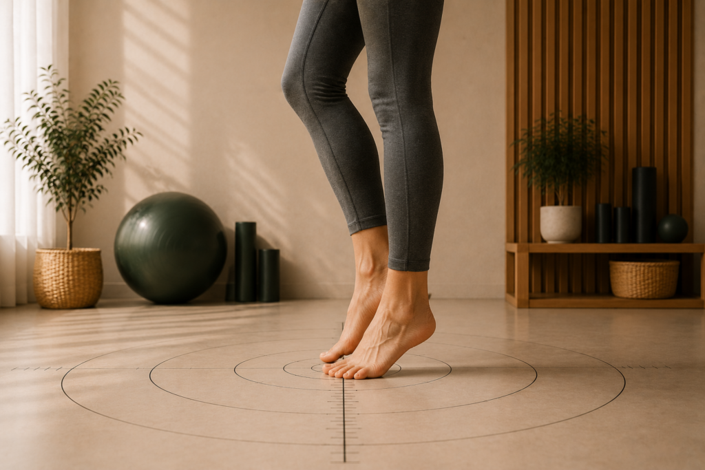 Persona realizando un apoyo activo sobre la punta de los pies en un estudio de entrenamiento respetuoso, mostrando la función de los arcos del pie y la adaptación al suelo.