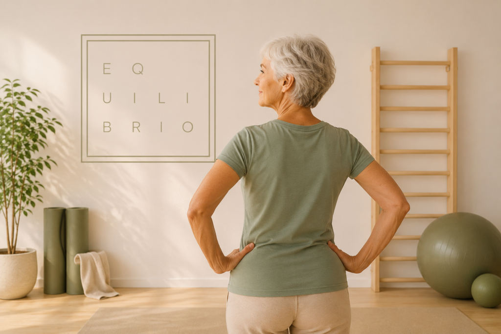 Mujer mayor en estudio de entrenamiento respetuoso observando un cuadro de Equilibrio Club mientras mantiene una postura estable y activa.