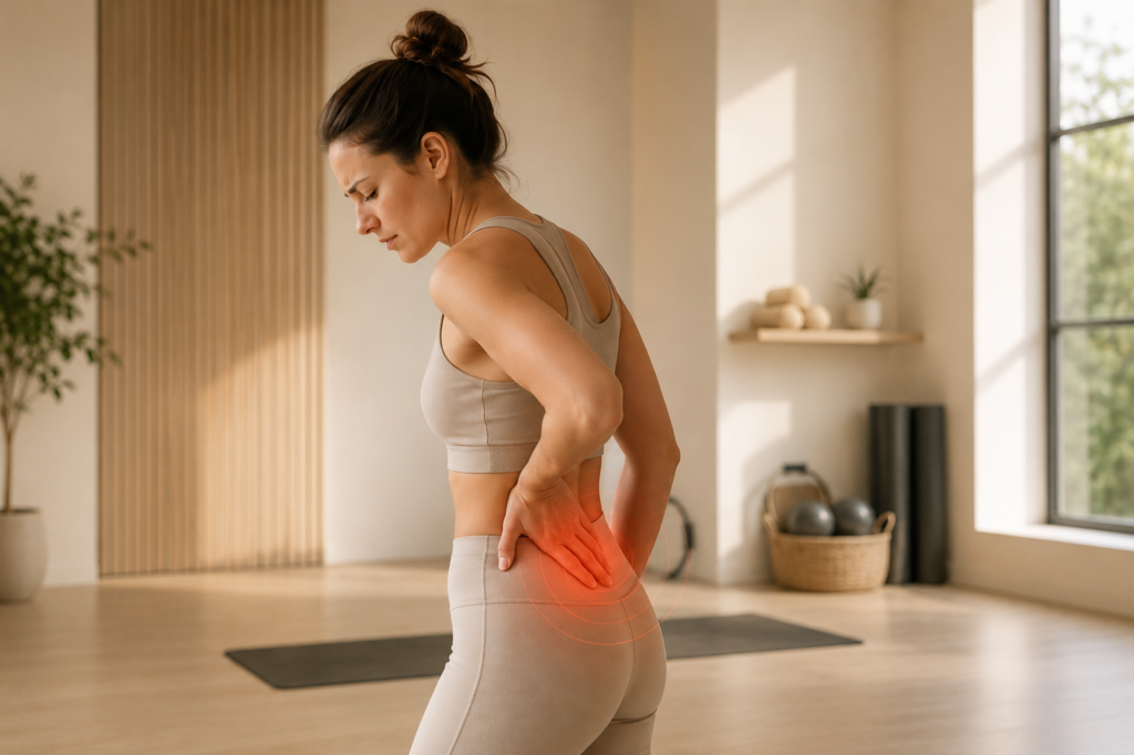Mujer con dolor lumbar en un estudio de pilates y movimiento consciente mostrando la relación entre postura corporal y molestias lumbares