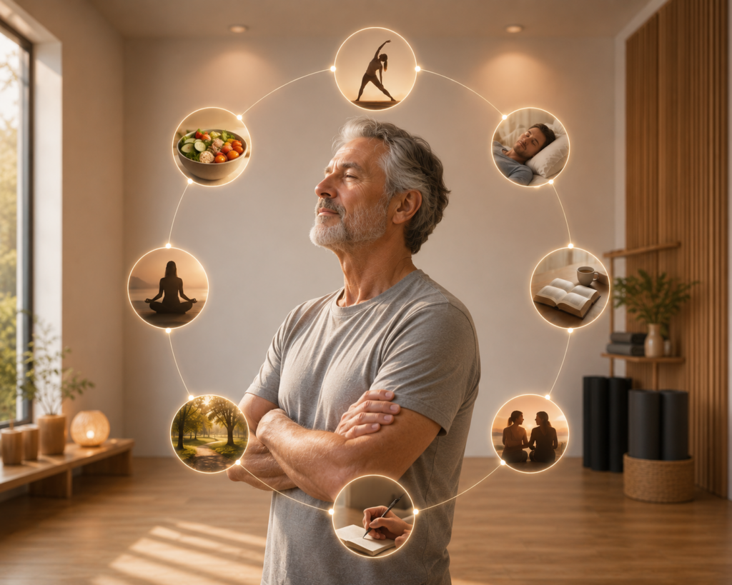 Hombre mayor en un estudio de entrenamiento respetuoso rodeado de hábitos relacionados con el bienestar, el descanso, la alimentación, el movimiento, la naturaleza, el aprendizaje y las relaciones humanas.