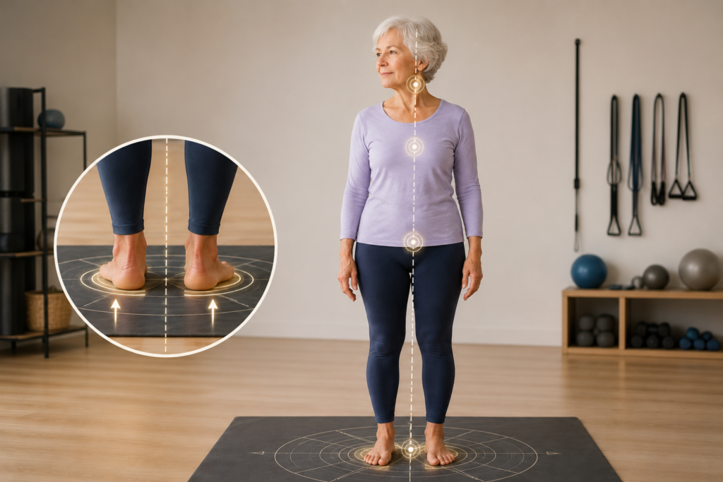 Mujer mayor mejorando su estabilidad y equilibrio mediante la organización postural y el apoyo de los pies